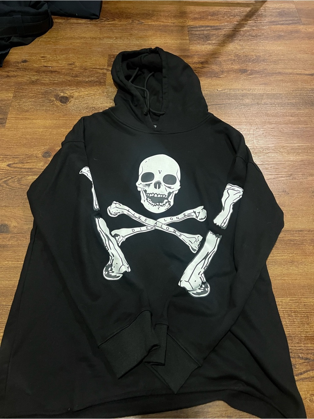 VLONE Black Crewneck Hoodie with White Skull & Crossbones Graphic